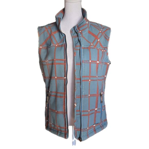 Twist Teal Red Abstract Plaid Vest Sz Med Fleece Lined Pockets Cabin Cottage SEE - Picture 7 of 9